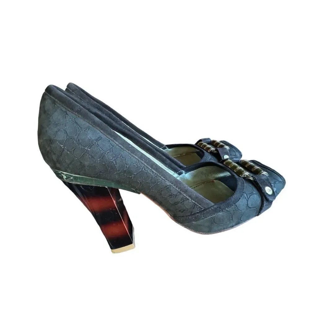 Elaine Turner Platform Heels Open Toe Brown Suede Tortoise Shell Heel Gold Hardw